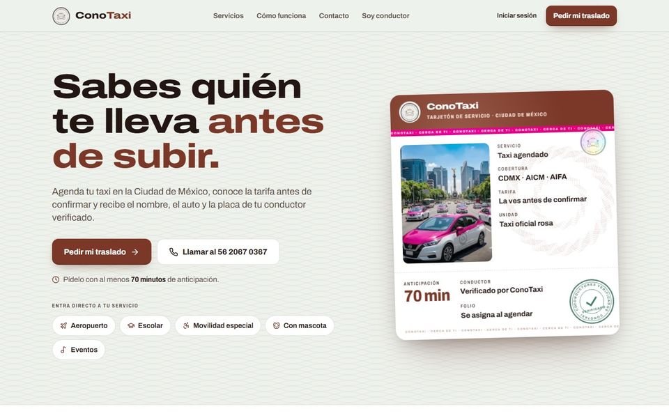 Portada de ConoTaxi en computadora: pedir traslado y tarjetón con los datos del servicio